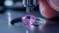 Pink sapphire or diamond under microscope examination with tweezers and scattered small gems on dark surface showing jewelry quality control process.