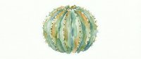 Watercolor illustration of a round barrel cactus with green ridges and golden spines, isolated on white background, suitable for botanical designs and educational materials.