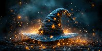 Magical witch hat with glowing golden stars and sparkles against dark mystical background, fantasy Halloween concept with ethereal blue light and bokeh effects.