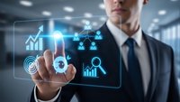 Professional businessman touching digital interface with analytics icons and growth charts in modern office environment for business technology solutions.
