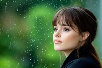 Young Asian woman with bangs and ponytail gazing thoughtfully through rainy window, soft natural lighting and green bokeh background creates dreamy atmospheric portrait.