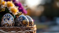 Traditional painted Easter eggs with intricate folk art patterns in blue and white, nestled in woven basket with spring flowers creating soft bokeh background.