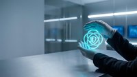 Young professional male hand in black business suit holding glowing digital rose hologram on modern office table with glass partitions and blue lighting, representing technology innovation and futuristic business solutions.