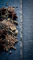 Aromatic spices and seeds scattered on dark slate surface including star anise, cardamom pods, and coriander creating rustic culinary backdrop for cooking.