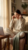 Young woman in cozy beige sweater working from home on laptop in comfortable living room with warm natural lighting and modern interior design.