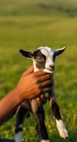 Young goat kid held in hands of person with dark skin tone against blurred green pasture background, depicting animal care, farming, and livestock management.