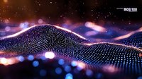 Abstract digital wave of glowing particles with bokeh lights on dark background, flowing dots creating dynamic futuristic landscape in purple and blue tones.