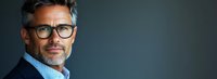 Mature businessman with gray hair and glasses wearing navy suit and light blue shirt against dark background, panoramic corporate portrait.