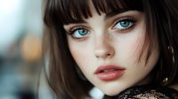 Young woman with striking blue eyes and dark bob haircut gazing directly at camera. Natural makeup with subtle pink lips. Portrait photography for beauty campaigns.