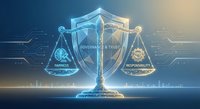 Digital scales of justice with glowing shield representing governance, trust, ethics and responsibility in modern business technology and legal compliance.