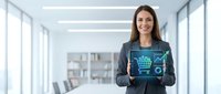 Professional businesswoman holding tablet displaying digital shopping cart interface in modern office environment for e-commerce presentations.
