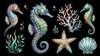 Colorful ocean clipart set with seahorses, starfish, coral, seaweed, and shell, isolated on transparent background, ready for t-shirt design, stickers, and print on demand.