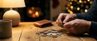 Middle-aged man with light skin tone counting coins on wooden table at home. Financial planning, budgeting, savings concept for personal finance and money management.