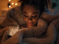 Young African American woman wrapped in cozy blanket enjoying peaceful evening at home with warm ambient lighting, perfect for lifestyle, wellness and self-care concepts.