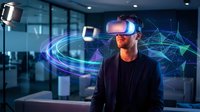 Professional businessman experiencing virtual reality technology with holographic network connections in modern office environment for digital innovation.