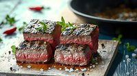 Juicy grilled beef steak slices with herbs and salt on wooden board, medium rare meat with pink center and charred crust.