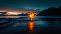 Glowing heart-shaped light painting on dark beach at sunset, with orange flame reflection on wet sand against dramatic mountain silhouette and moody sky.