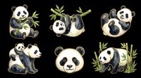 Cute panda bear set with bamboo, isolated on transparent background. Six poses, watercolor style clipart for stickers, t-shirt design, print on demand, sublimation.