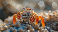 Orange ghost crab on sandy beach with blurred bokeh background, close-up macro photography showing detailed texture of shell and claws in warm sunlight.
