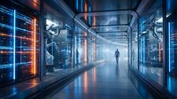 Futuristic data center corridor with glowing servers and silhouette of person walking through high-tech facility with blue and orange lighting effects.