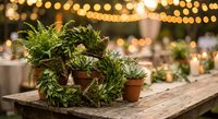 Rustic fern wreath centerpiece on wooden table with warm string lights creating cozy atmosphere for wedding reception or outdoor dinner party celebration.
