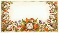 Hedgehogs surrounded by autumn leaves, berries, and foliage create a decorative border frame on cream background, suitable for invitations and seasonal designs.