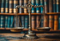 Decorative scales of justice on wooden desk against law library background, symbolizing legal system, jurisprudence and attorney services, with balanced brass pans.