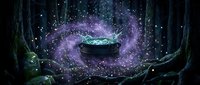 Mystical cauldron glowing with ethereal purple and turquoise energy swirls in enchanted forest surrounded by ancient twisted trees and magical particles floating in darkness.
