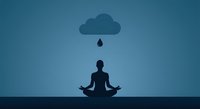 Person meditating under rain cloud with water drop, mindfulness and mental wellness concept for stress relief and emotional balance therapy.