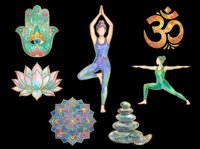 Yoga and meditation clipart set with hamsa hand, lotus flower, mandala, om symbol, zen stones, and women in poses, isolated on transparent background, for stickers, sublimation, t-shirt design.