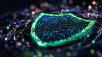 Glowing digital shield with network connections on dark background illustrates cybersecurity and data protection concept amid sparkling bokeh lights.