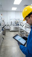 Male technician wearing yellow hard hat and blue work uniform holding tablet with data analytics in modern industrial manufacturing facility.