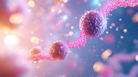 Microscopic visualization of synaptic neurotransmitter release between neurons with pink glowing particles against blurred blue background showing neural communication process.
