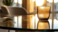 Textured amber glass on reflective surface with soft bokeh lights creates atmospheric mood. Minimalist composition with warm golden tones and shallow depth of field.