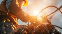 Welder in protective gear performing metal welding work with bright sparks and intense heat, suitable for industrial and construction content.