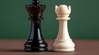 Black and white chess queens facing each other on brown surface against green background, symbolizing leadership, strategy and competition in business.