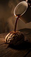 Dark liquid pours from ceramic cup onto brain model on wooden surface, creating splashes. Conceptual art for mental health, psychology, addiction, substance abuse, and cognitive themes.