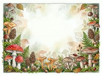 Autumn forest frame with mushrooms, pinecones, ferns and fallen leaves creating natural border with white center space for text or design elements.