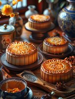 Traditional mooncakes with intricate floral patterns displayed on wooden stands among oriental teapots and decorative elements, creating warm atmospheric composition.