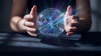 Hands holding glowing brain sphere with neural network connections, representing artificial intelligence, technology innovation, and digital transformation for business solutions.