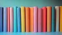 Colorful book spines arranged in rainbow order on shelf, showing vibrant hardcover collection in pastel and bright hues against blurred background.