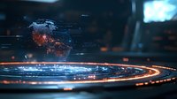 Futuristic digital Earth hologram with glowing orange light trails and network connections floating above reflective surface in dark technological environment.