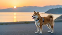 Shiba Inu dog standing on coastal road during golden hour sunset with ocean and mountains in background, perfect for pet lifestyle and travel content.