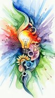 Watercolor lightbulb with vibrant rainbow splashes and decorative swirls representing creativity innovation and bright ideas for business concepts.