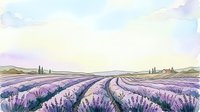 Lavender field landscape with rolling hills, cypress trees, and soft pastel sky at sunset, suitable for travel, agriculture, and nature-themed designs.