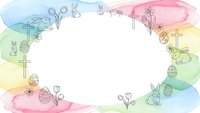 Easter watercolor frame with bunnies, eggs, crosses and floral elements on white background. Spring holiday border for greeting cards and invitations.