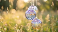 Iridescent glass ornaments hanging outdoors in golden sunlight with natural bokeh background for holiday decoration and festive seasonal design projects.
