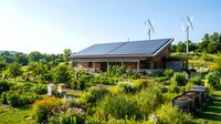 Modern eco-friendly house with solar panels and wind turbines surrounded by lush garden landscape showcasing sustainable living and renewable energy solutions.
