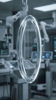 Clear glass petri dish floating in modern laboratory setting with medical equipment and sterile environment for scientific research and experimentation.