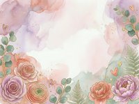 Watercolor floral frame with roses, peonies, and botanical elements in soft pink, peach, and purple tones on white background. Suitable for wedding invitations, greeting cards, and design projects.